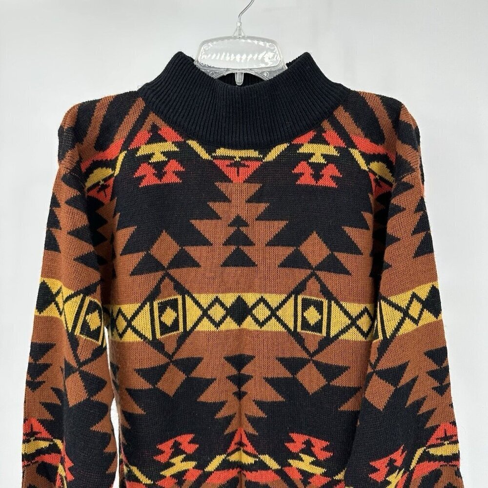 vintage 80s ACRYLIC MOCK NECK SWEATER pullover aztec tribal knit colorful L - Picture 2 of 7